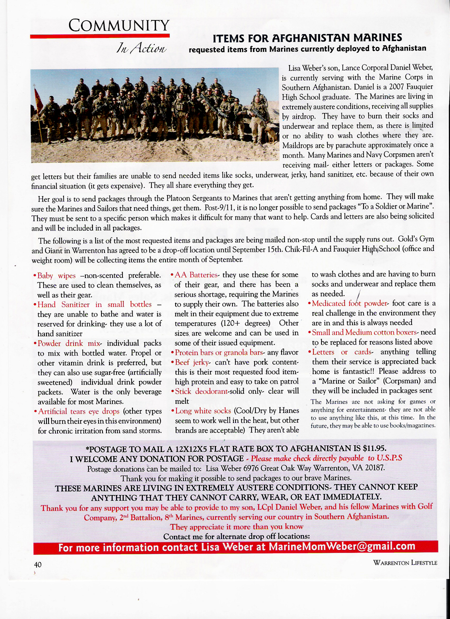 marines in afganistan in need of basic necessities.